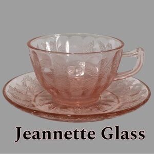 JEANNETTE GLASS Depression Pink Floral Poinsetta Cup and Saucer